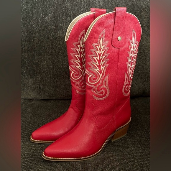 Stivali New York Red Leather Western Loyal Cowgirl Boots -Size 8 - Picture 6 of 12